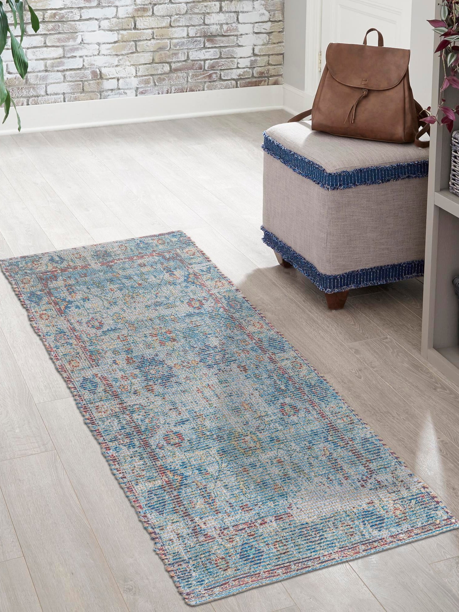 Teal blue 2' 2 x 6' 1 Chenille Jute Runner Area Rug Vintage Distressed Boho All Natural Eco-Friendly Sustainable Carpet for Living Dining Office Dorm Rooms for Sale at Rug Engine