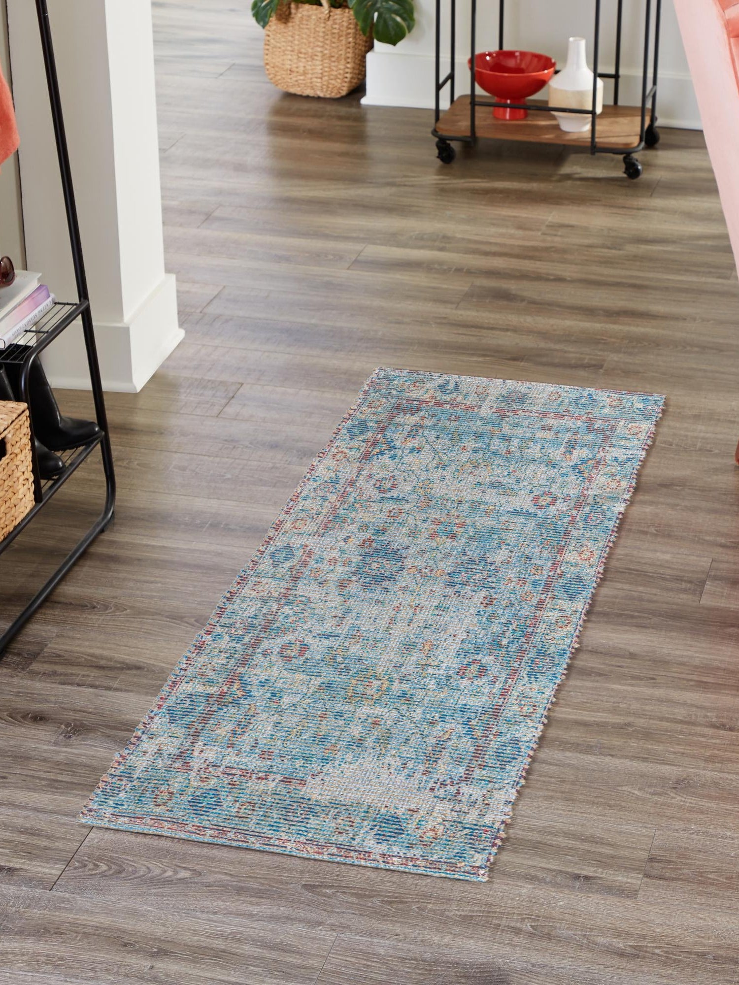 Teal blue 2' 2 x 6' 1 Chenille Jute Runner Area Rug Vintage Distressed Boho All Natural Eco-Friendly Sustainable Carpet for Living Dining Office Dorm Rooms for Sale at Rug Engine