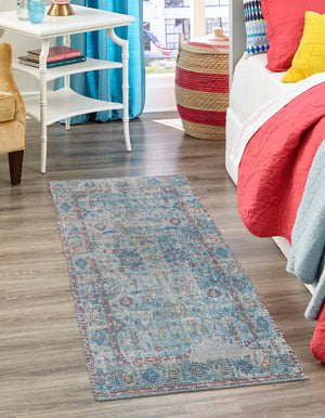 Teal blue 2' 2 x 8' Chenille Jute Runner Area Rug Vintage Distressed Boho All Natural Eco-Friendly Sustainable Carpet for Living Dining Office Dorm Rooms for Sale at Rug Engine