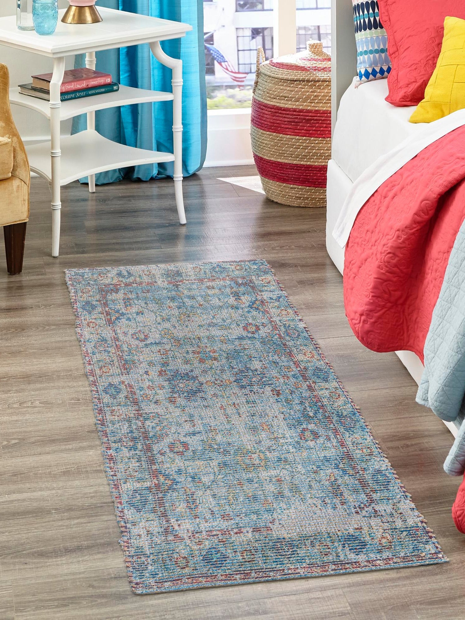 Teal blue 2' 2 x 6' 1 Chenille Jute Runner Area Rug Vintage Distressed Boho All Natural Eco-Friendly Sustainable Carpet for Living Dining Office Dorm Rooms for Sale at Rug Engine