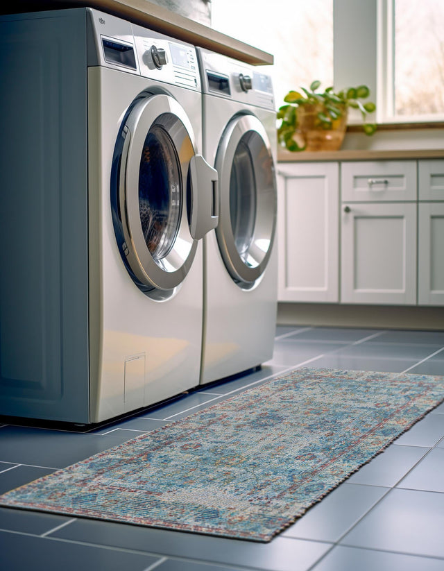 Teal blue 2' 2 x 6' 1 Chenille Jute Runner Area Rug Vintage Distressed Boho All Natural Eco-Friendly Sustainable Carpet for Living Dining Office Dorm Rooms for Sale at Rug Engine