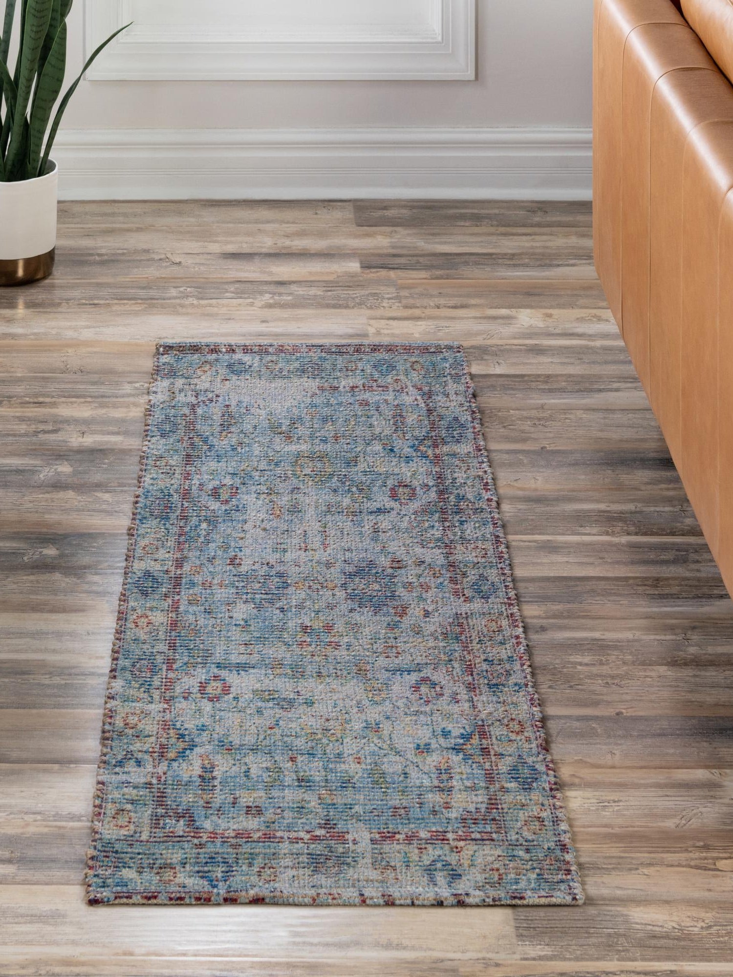 Teal blue 2' 2 x 6' 1 Chenille Jute Runner Area Rug Vintage Distressed Boho All Natural Eco-Friendly Sustainable Carpet for Living Dining Office Dorm Rooms for Sale at Rug Engine