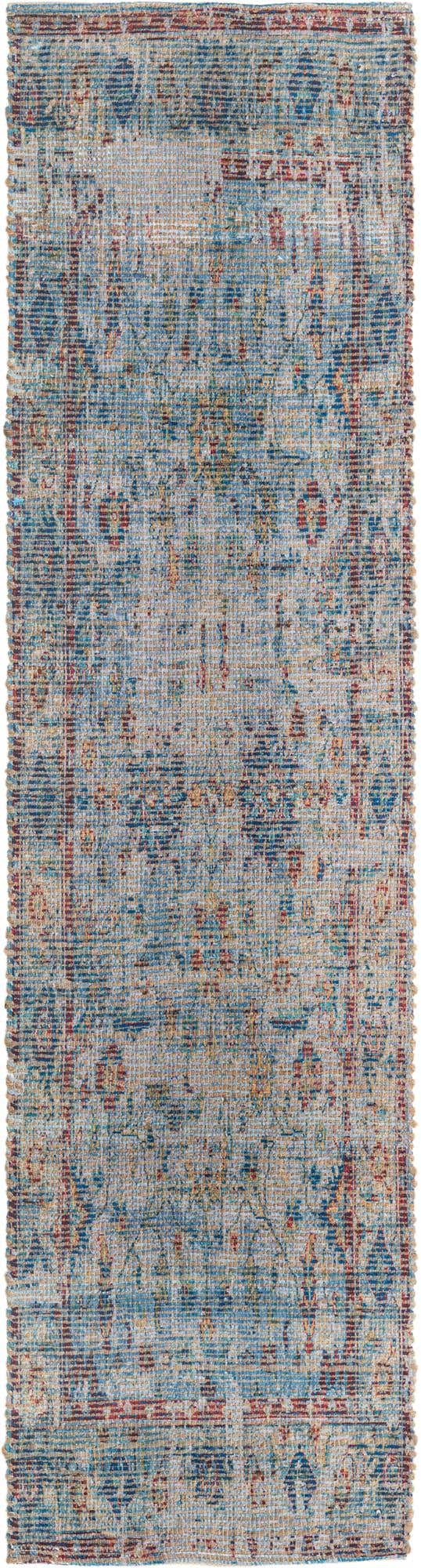 Teal blue 2' 2 x 8' Chenille Jute Runner Area Rug Vintage Distressed Boho All Natural Eco-Friendly Sustainable Carpet for Living Dining Office Dorm Rooms for Sale at Rug Engine