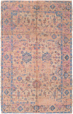 Peach pink 4' 1 x 6' 1 Chenille Jute Rectangle Area Rug Vintage Distressed Boho All Natural Eco-Friendly Sustainable Carpet for Living Dining Office Dorm Rooms for Sale at Rug Engine