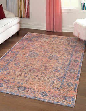 Peach pink 4' 1 x 6' 1 Chenille Jute Rectangle Area Rug Vintage Distressed Boho All Natural Eco-Friendly Sustainable Carpet for Living Dining Office Dorm Rooms for Sale at Rug Engine