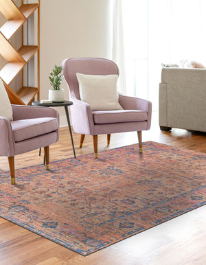 Peach pink 5' 3 x 8' Chenille Jute Rectangle Area Rug Vintage Distressed Boho All Natural Eco-Friendly Sustainable Carpet for Living Dining Office Dorm Rooms for Sale at Rug Engine