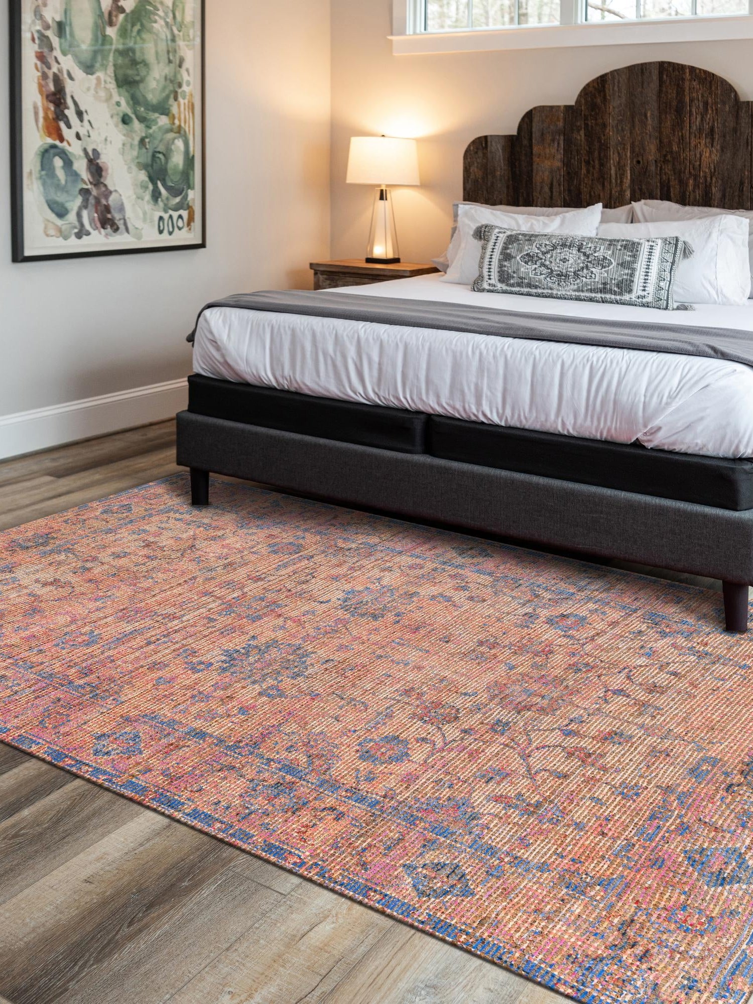Peach pink 4' 1 x 6' 1 Chenille Jute Rectangle Area Rug Vintage Distressed Boho All Natural Eco-Friendly Sustainable Carpet for Living Dining Office Dorm Rooms for Sale at Rug Engine