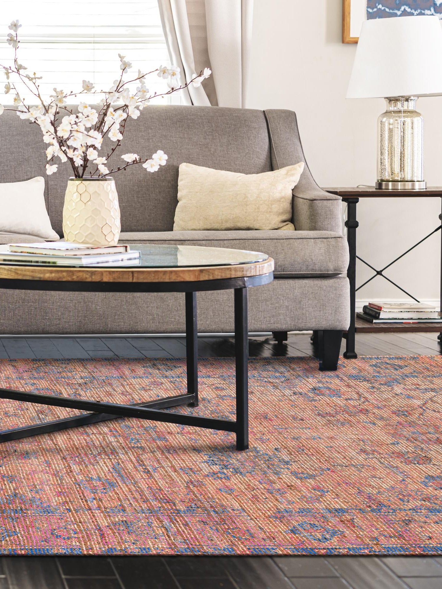 Peach pink 6' 1 x 9' Chenille Jute Rectangle Area Rug Vintage Distressed Boho All Natural Eco-Friendly Sustainable Carpet for Living Dining Office Dorm Rooms for Sale at Rug Engine