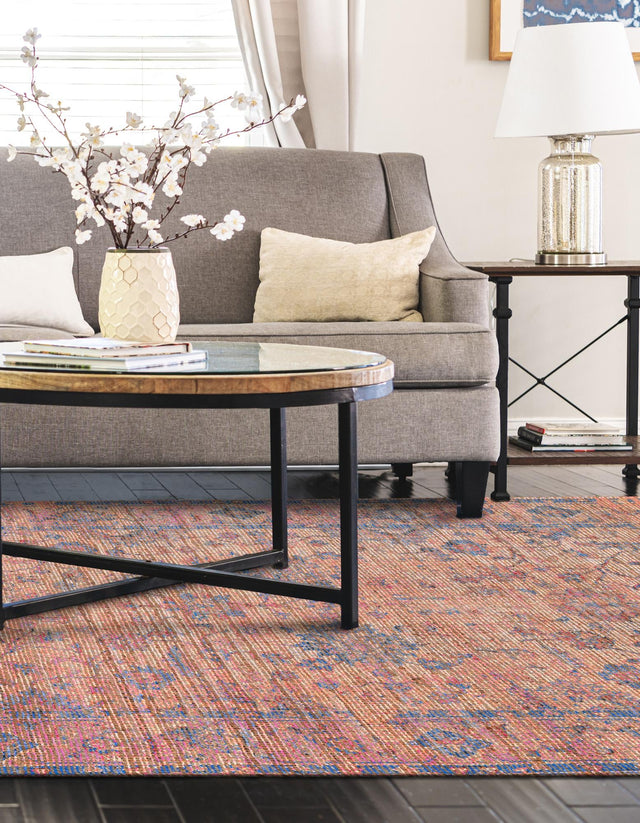 Peach pink 6' 1 x 9' Chenille Jute Rectangle Area Rug Vintage Distressed Boho All Natural Eco-Friendly Sustainable Carpet for Living Dining Office Dorm Rooms for Sale at Rug Engine