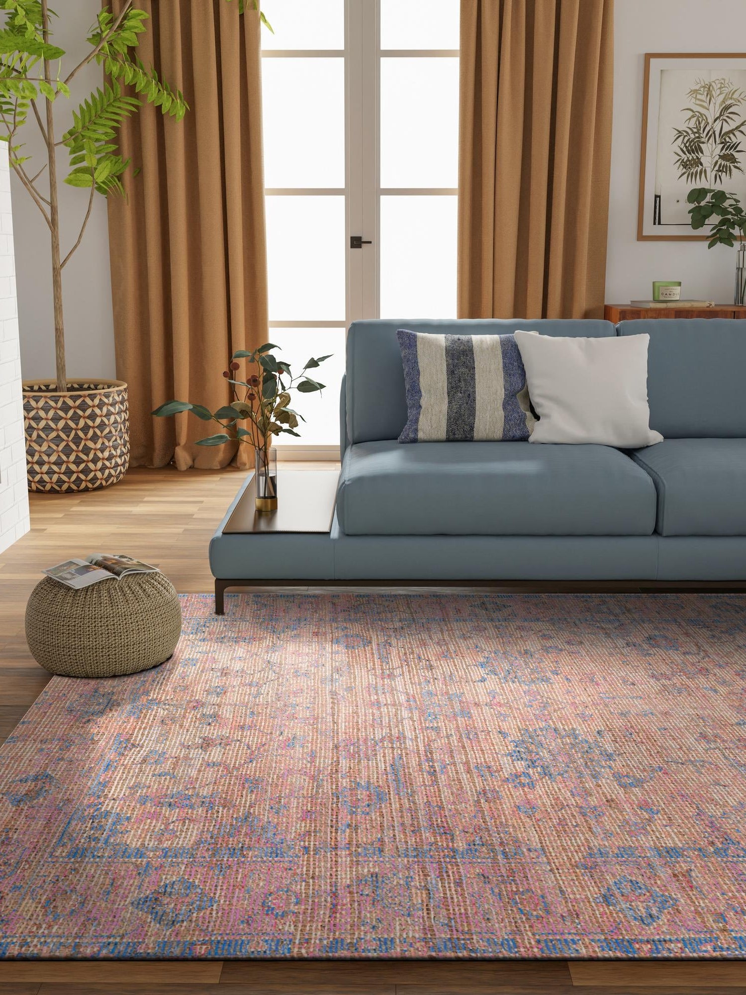 Peach pink 5' 3 x 8' Chenille Jute Rectangle Area Rug Vintage Distressed Boho All Natural Eco-Friendly Sustainable Carpet for Living Dining Office Dorm Rooms for Sale at Rug Engine