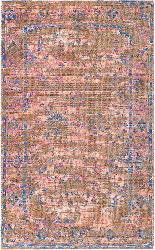 Peach pink 5' 3 x 8' Chenille Jute Rectangle Area Rug Vintage Distressed Boho All Natural Eco-Friendly Sustainable Carpet for Living Dining Office Dorm Rooms for Sale at Rug Engine