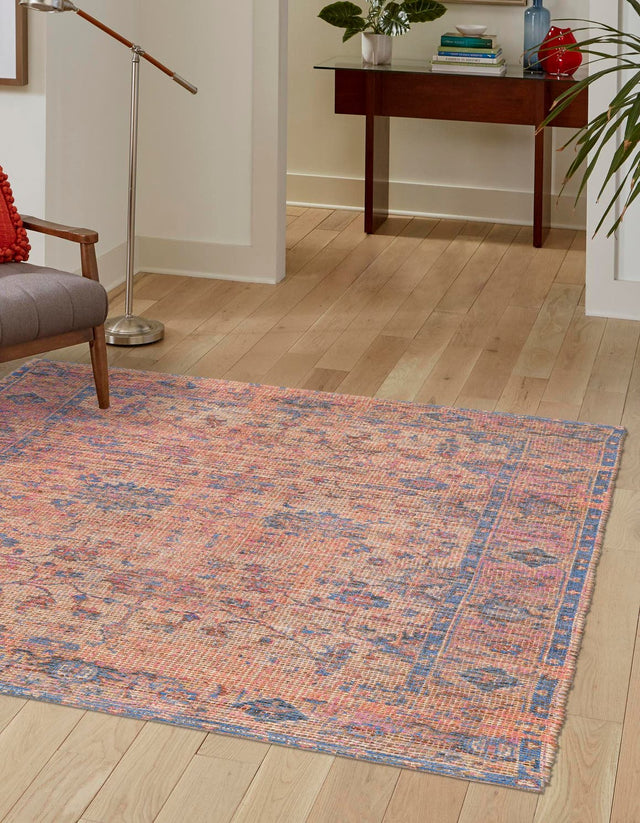 Peach pink 7' 10 x 7' 10 Chenille Jute Square Area Rug Vintage Distressed Boho All Natural Eco-Friendly Sustainable Carpet for Living Dining Office Dorm Rooms for Sale at Rug Engine