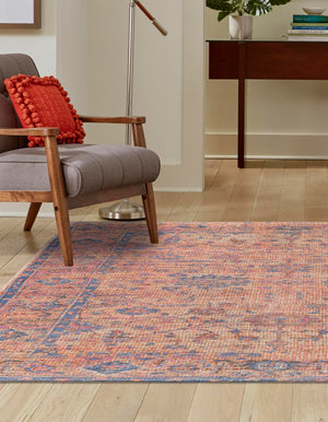 Peach pink 7' 10 x 7' 10 Chenille Jute Square Area Rug Vintage Distressed Boho All Natural Eco-Friendly Sustainable Carpet for Living Dining Office Dorm Rooms for Sale at Rug Engine