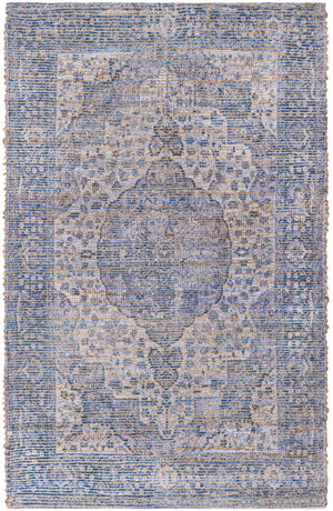 Blue 4' 1 x 6' 1 Chenille Jute Rectangle Area Rug Vintage Distressed Boho All Natural Eco-Friendly Sustainable Carpet for Living Dining Office Dorm Rooms for Sale at Rug Engine