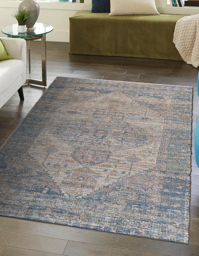 Blue 7' 10 x 10' Chenille Jute Rectangle Area Rug Vintage Distressed Boho All Natural Eco-Friendly Sustainable Carpet for Living Dining Office Dorm Rooms for Sale at Rug Engine