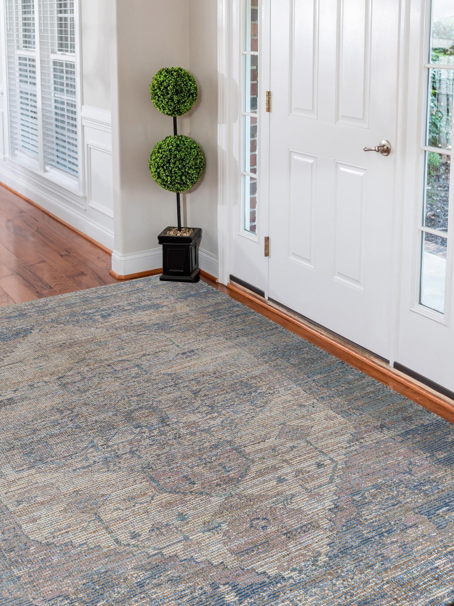 Blue 9' x 12' Chenille Jute Rectangle Area Rug Vintage Distressed Boho All Natural Eco-Friendly Sustainable Carpet for Living Dining Office Dorm Rooms for Sale at Rug Engine