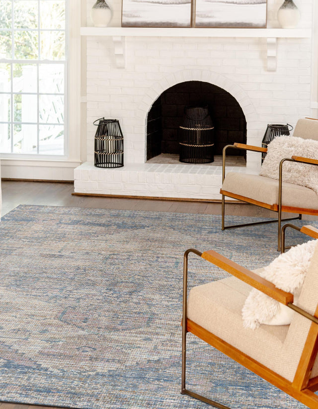 Blue 9' x 12' Chenille Jute Rectangle Area Rug Vintage Distressed Boho All Natural Eco-Friendly Sustainable Carpet for Living Dining Office Dorm Rooms for Sale at Rug Engine