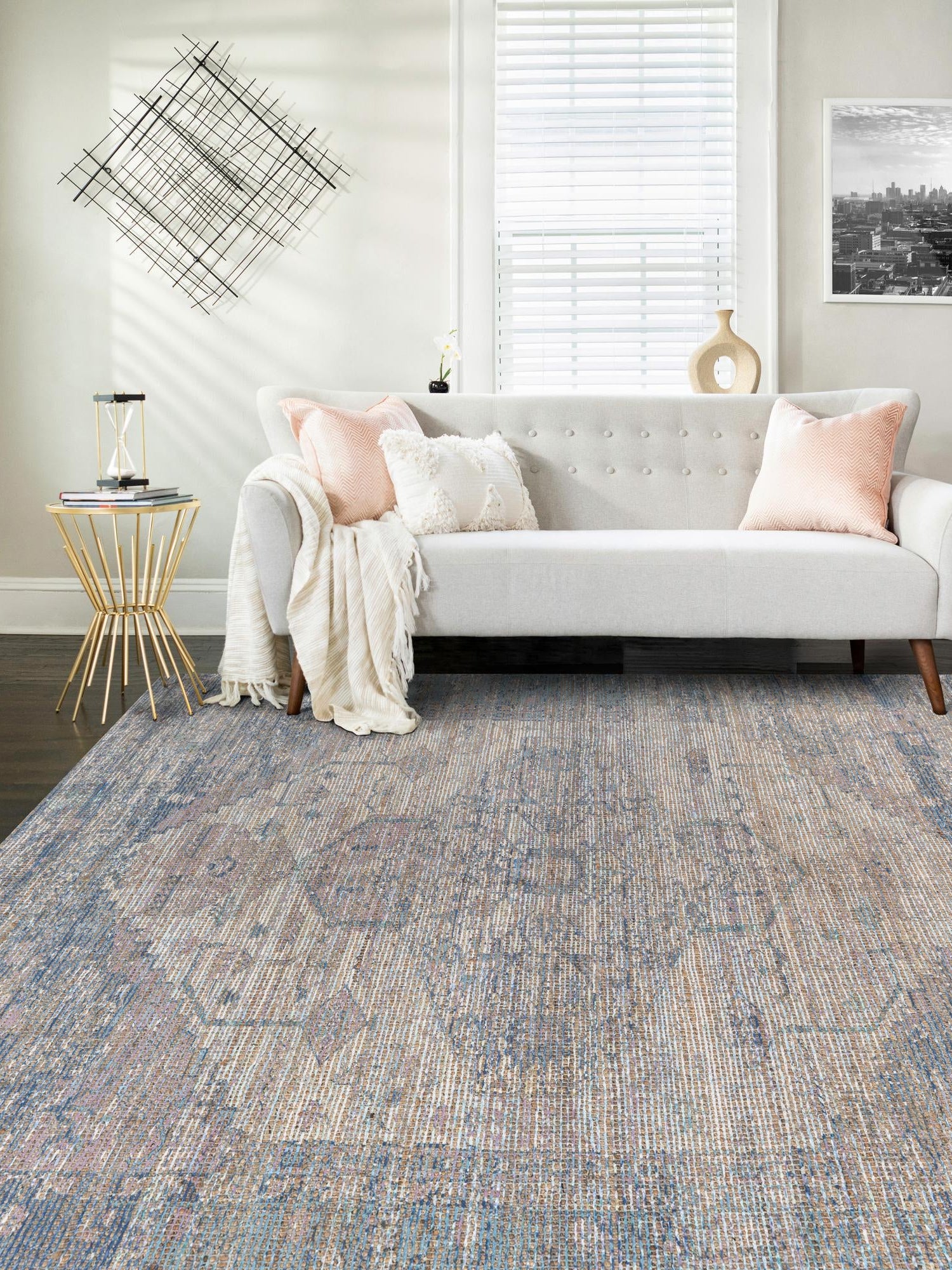 Blue 6' 1 x 9' Chenille Jute Rectangle Area Rug Vintage Distressed Boho All Natural Eco-Friendly Sustainable Carpet for Living Dining Office Dorm Rooms for Sale at Rug Engine
