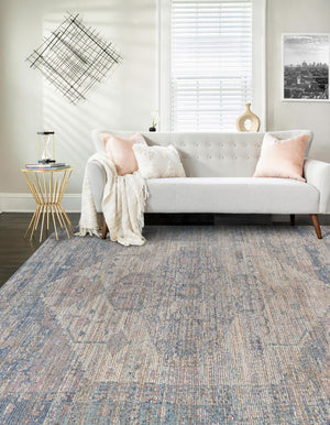 Blue 7' 10 x 10' Chenille Jute Rectangle Area Rug Vintage Distressed Boho All Natural Eco-Friendly Sustainable Carpet for Living Dining Office Dorm Rooms for Sale at Rug Engine