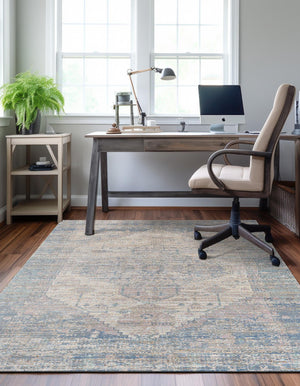 Blue 7' 10 x 10' Chenille Jute Rectangle Area Rug Vintage Distressed Boho All Natural Eco-Friendly Sustainable Carpet for Living Dining Office Dorm Rooms for Sale at Rug Engine