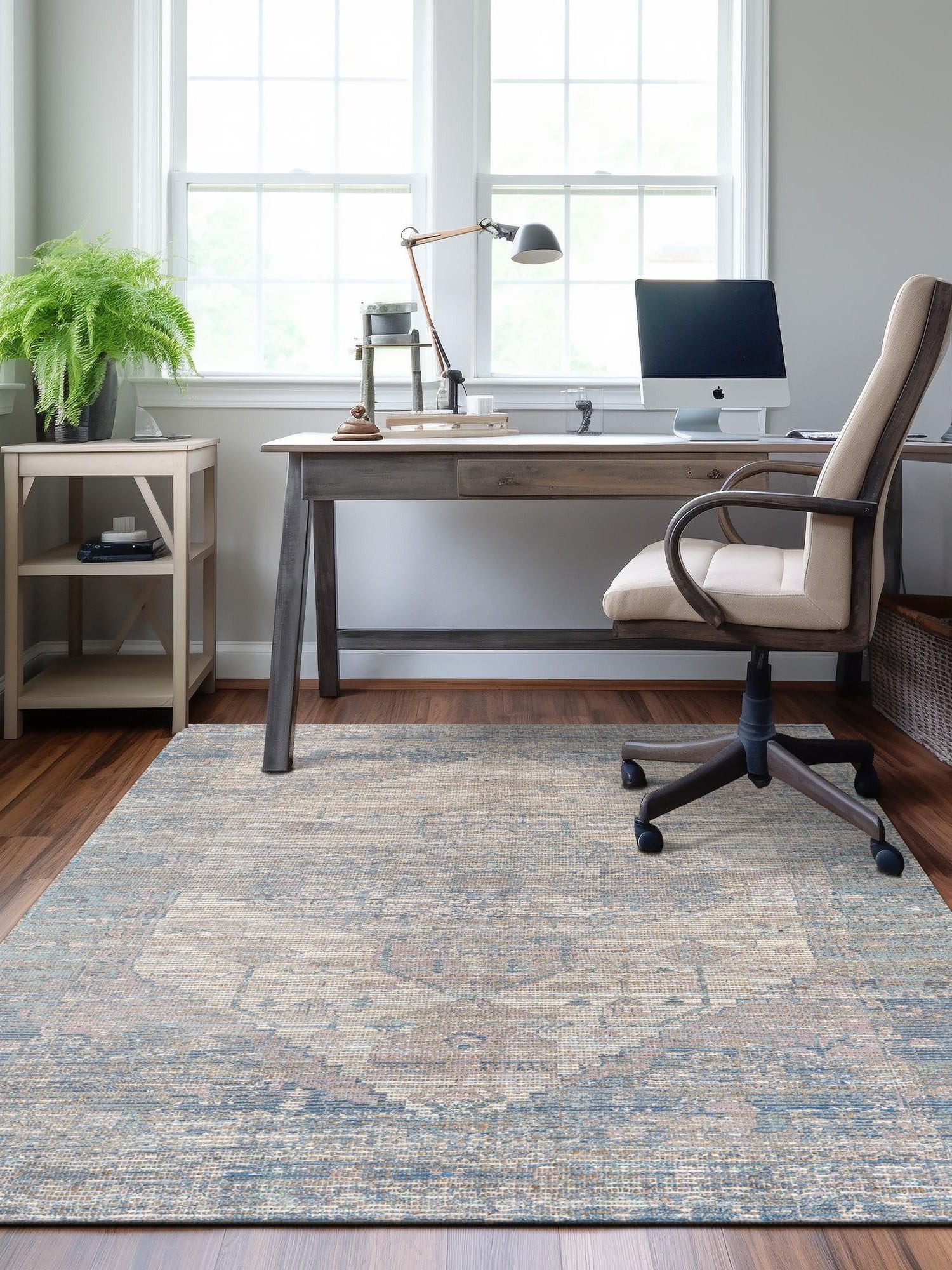 Blue 6' 1 x 9' Chenille Jute Rectangle Area Rug Vintage Distressed Boho All Natural Eco-Friendly Sustainable Carpet for Living Dining Office Dorm Rooms for Sale at Rug Engine