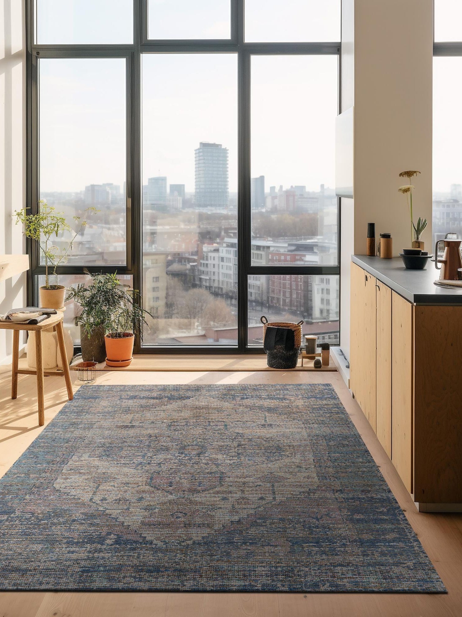 Blue 5' 3 x 8' Chenille Jute Rectangle Area Rug Vintage Distressed Boho All Natural Eco-Friendly Sustainable Carpet for Living Dining Office Dorm Rooms for Sale at Rug Engine