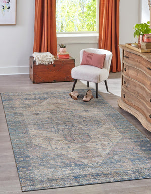 Blue 5' 3 x 8' Chenille Jute Rectangle Area Rug Vintage Distressed Boho All Natural Eco-Friendly Sustainable Carpet for Living Dining Office Dorm Rooms for Sale at Rug Engine