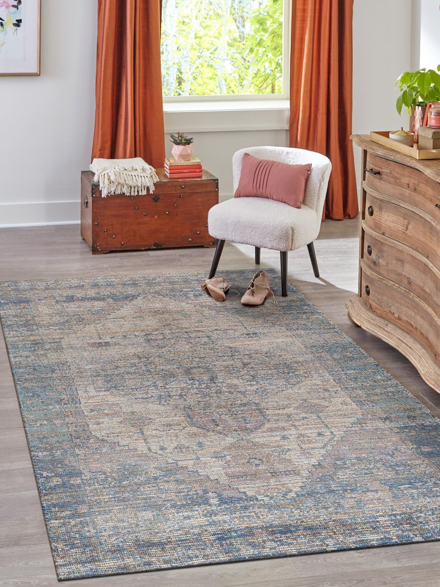 Blue 4' 1 x 6' 1 Chenille Jute Rectangle Area Rug Vintage Distressed Boho All Natural Eco-Friendly Sustainable Carpet for Living Dining Office Dorm Rooms for Sale at Rug Engine