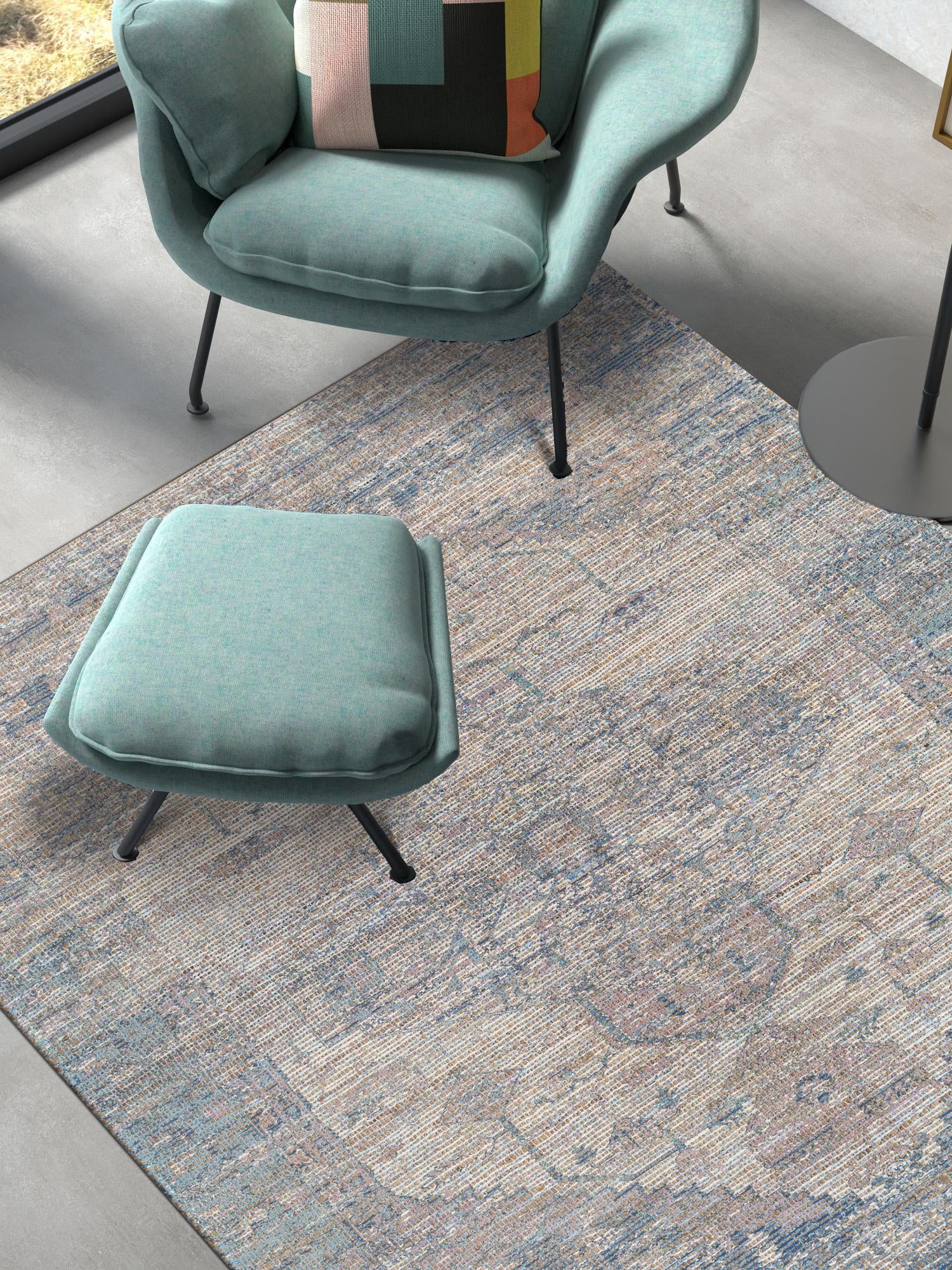 Blue 4' 1 x 6' 1 Chenille Jute Rectangle Area Rug Vintage Distressed Boho All Natural Eco-Friendly Sustainable Carpet for Living Dining Office Dorm Rooms for Sale at Rug Engine