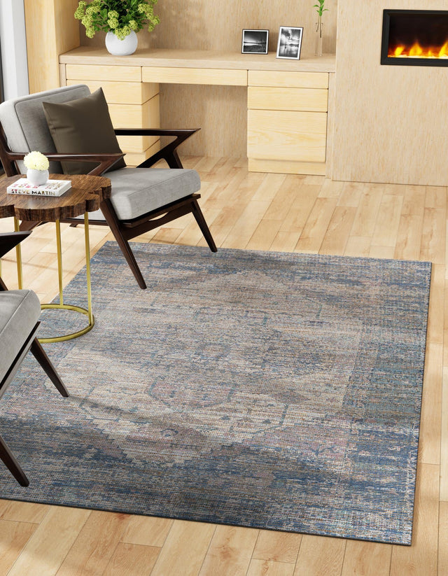Blue 4' 1 x 6' 1 Chenille Jute Rectangle Area Rug Vintage Distressed Boho All Natural Eco-Friendly Sustainable Carpet for Living Dining Office Dorm Rooms for Sale at Rug Engine