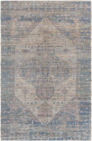 Blue 5' 3 x 8' Chenille Jute Rectangle Area Rug Vintage Distressed Boho All Natural Eco-Friendly Sustainable Carpet for Living Dining Office Dorm Rooms for Sale at Rug Engine
