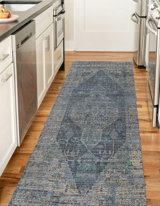 Blue 2' 2 x 6' 1 Chenille Jute Runner Area Rug Vintage Distressed Boho All Natural Eco-Friendly Sustainable Carpet for Living Dining Office Dorm Rooms for Sale at Rug Engine