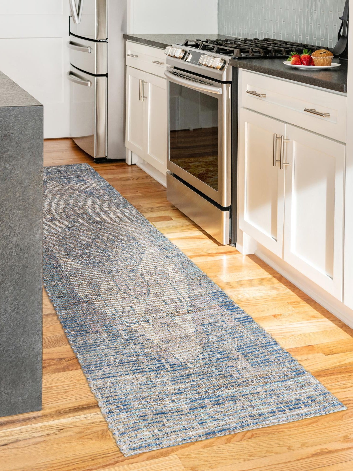Blue 2' 2 x 6' 1 Chenille Jute Runner Area Rug Vintage Distressed Boho All Natural Eco-Friendly Sustainable Carpet for Living Dining Office Dorm Rooms for Sale at Rug Engine