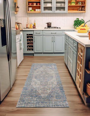 Blue 2' 2 x 6' 1 Chenille Jute Runner Area Rug Vintage Distressed Boho All Natural Eco-Friendly Sustainable Carpet for Living Dining Office Dorm Rooms for Sale at Rug Engine