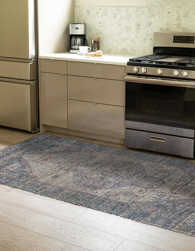 Blue 2' 2 x 8' Chenille Jute Runner Area Rug Vintage Distressed Boho All Natural Eco-Friendly Sustainable Carpet for Living Dining Office Dorm Rooms for Sale at Rug Engine
