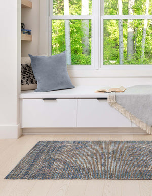 Blue 2' 2 x 6' 1 Chenille Jute Runner Area Rug Vintage Distressed Boho All Natural Eco-Friendly Sustainable Carpet for Living Dining Office Dorm Rooms for Sale at Rug Engine