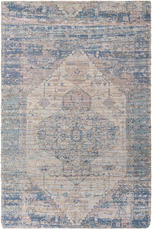Blue 6' 1 x 9' Chenille Jute Rectangle Area Rug Vintage Distressed Boho All Natural Eco-Friendly Sustainable Carpet for Living Dining Office Dorm Rooms for Sale at Rug Engine