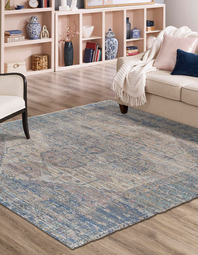 Blue 7' 10 x 7' 10 Chenille Jute Square Area Rug Vintage Distressed Boho All Natural Eco-Friendly Sustainable Carpet for Living Dining Office Dorm Rooms for Sale at Rug Engine