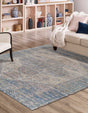 Blue 7' 10 x 7' 10 Chenille Jute Square Area Rug Vintage Distressed Boho All Natural Eco-Friendly Sustainable Carpet for Living Dining Office Dorm Rooms for Sale at Rug Engine