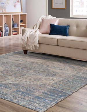 Blue 7' 10 x 7' 10 Chenille Jute Square Area Rug Vintage Distressed Boho All Natural Eco-Friendly Sustainable Carpet for Living Dining Office Dorm Rooms for Sale at Rug Engine
