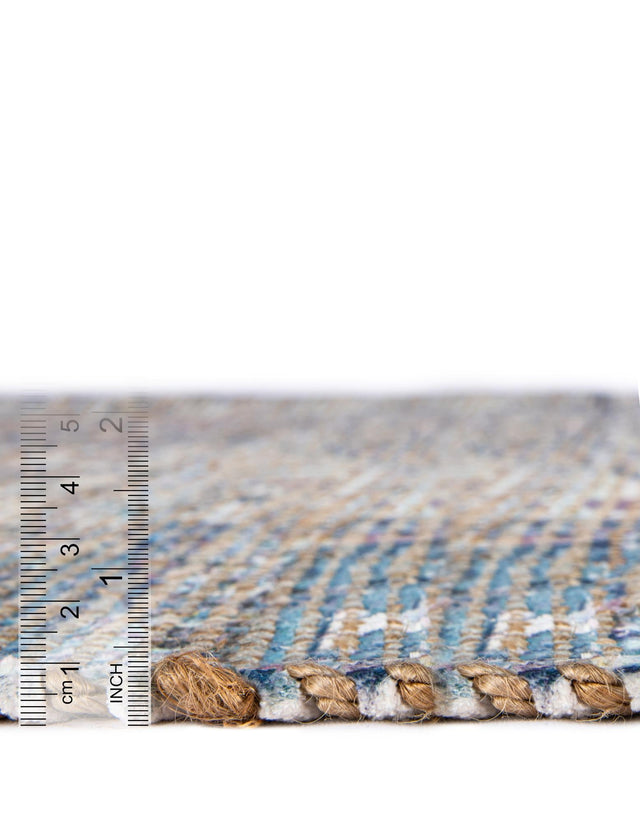 Blue 7' 10 x 7' 10 Chenille Jute Square Area Rug Vintage Distressed Boho All Natural Eco-Friendly Sustainable Carpet for Living Dining Office Dorm Rooms for Sale at Rug Engine