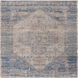 Blue 7' 10 x 7' 10 Chenille Jute Square Area Rug Vintage Distressed Boho All Natural Eco-Friendly Sustainable Carpet for Living Dining Office Dorm Rooms for Sale at Rug Engine