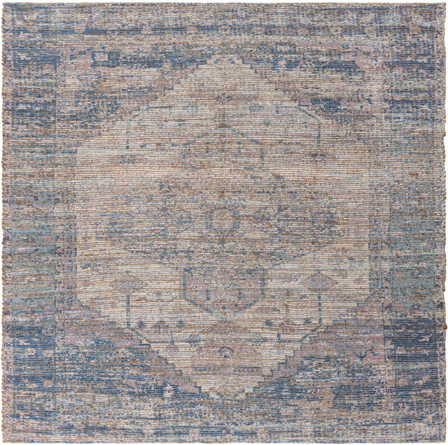 Blue 7' 10 x 7' 10 Chenille Jute Square Area Rug Vintage Distressed Boho All Natural Eco-Friendly Sustainable Carpet for Living Dining Office Dorm Rooms for Sale at Rug Engine