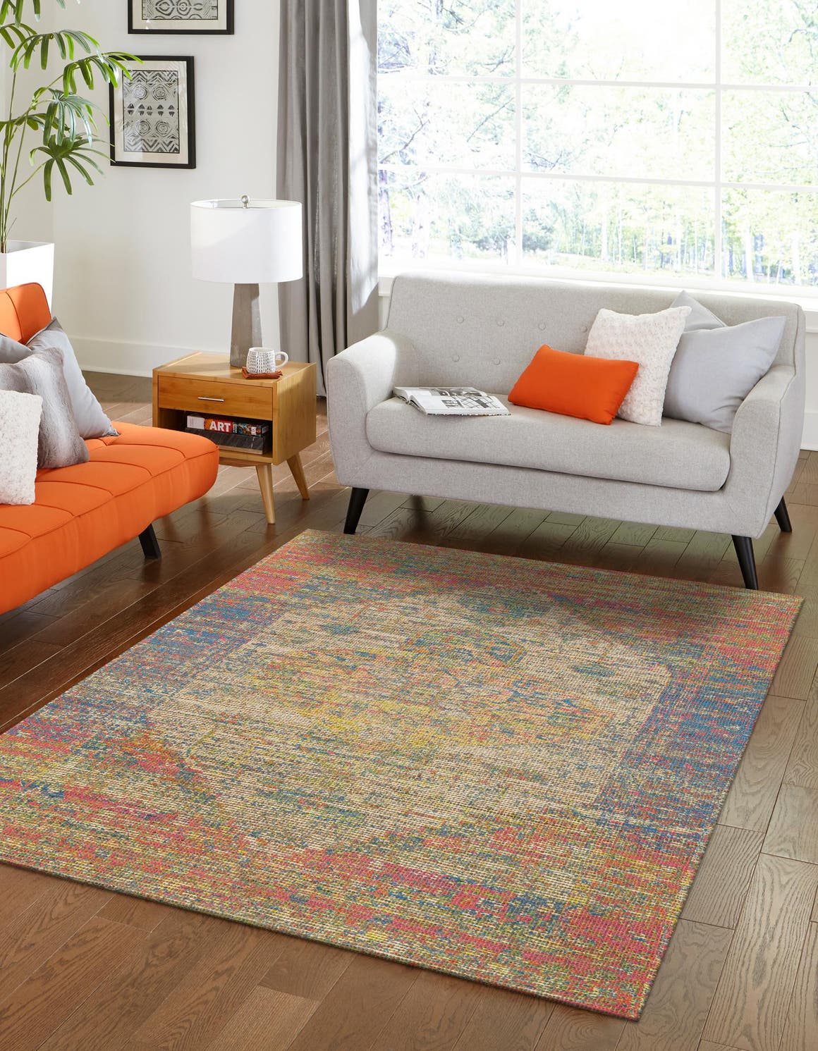 Multicolor 6' 1 x 9' Chenille Jute Rectangle Area Rug Vintage Distressed Boho All Natural Eco-Friendly Sustainable Carpet for Living Dining Office Dorm Rooms for Sale at Rug Engine