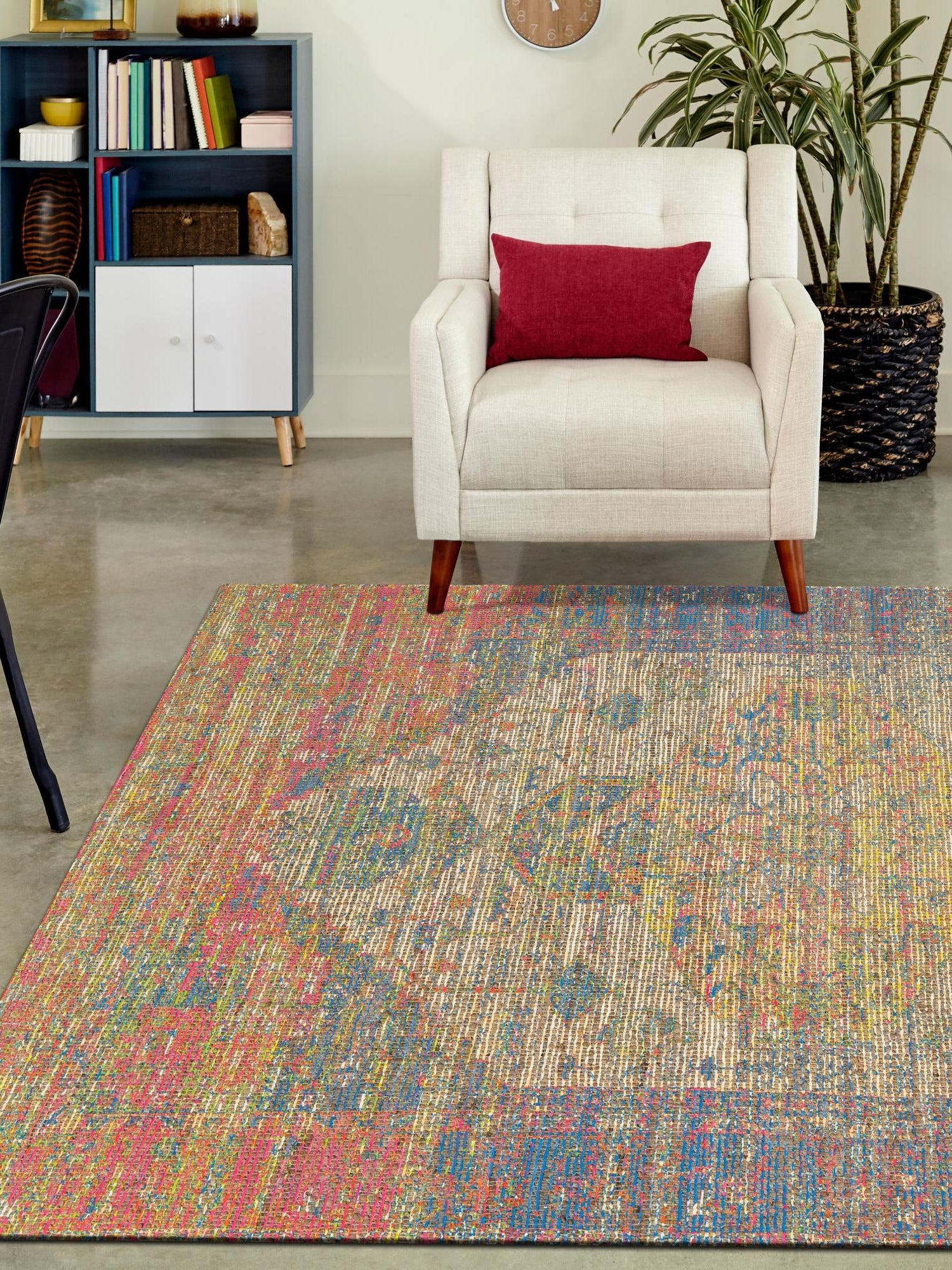 Multicolor 5' 3 x 8' Chenille Jute Rectangle Area Rug Vintage Distressed Boho All Natural Eco-Friendly Sustainable Carpet for Living Dining Office Dorm Rooms for Sale at Rug Engine