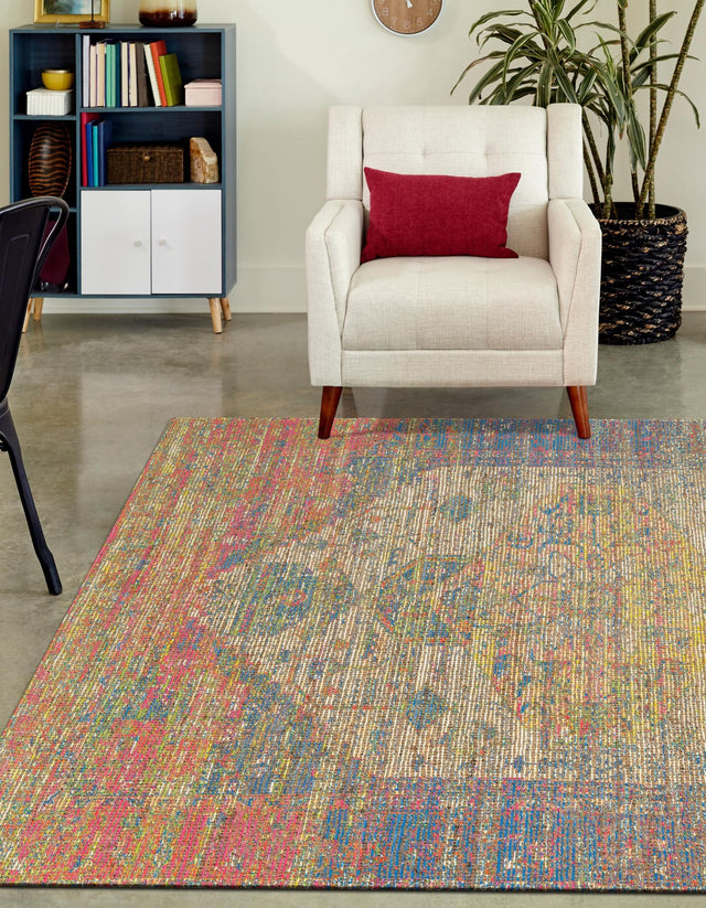 Multicolor 5' 3 x 8' Chenille Jute Rectangle Area Rug Vintage Distressed Boho All Natural Eco-Friendly Sustainable Carpet for Living Dining Office Dorm Rooms for Sale at Rug Engine