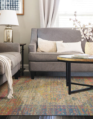 Multicolor 7' 10 x 10' Chenille Jute Rectangle Area Rug Vintage Distressed Boho All Natural Eco-Friendly Sustainable Carpet for Living Dining Office Dorm Rooms for Sale at Rug Engine