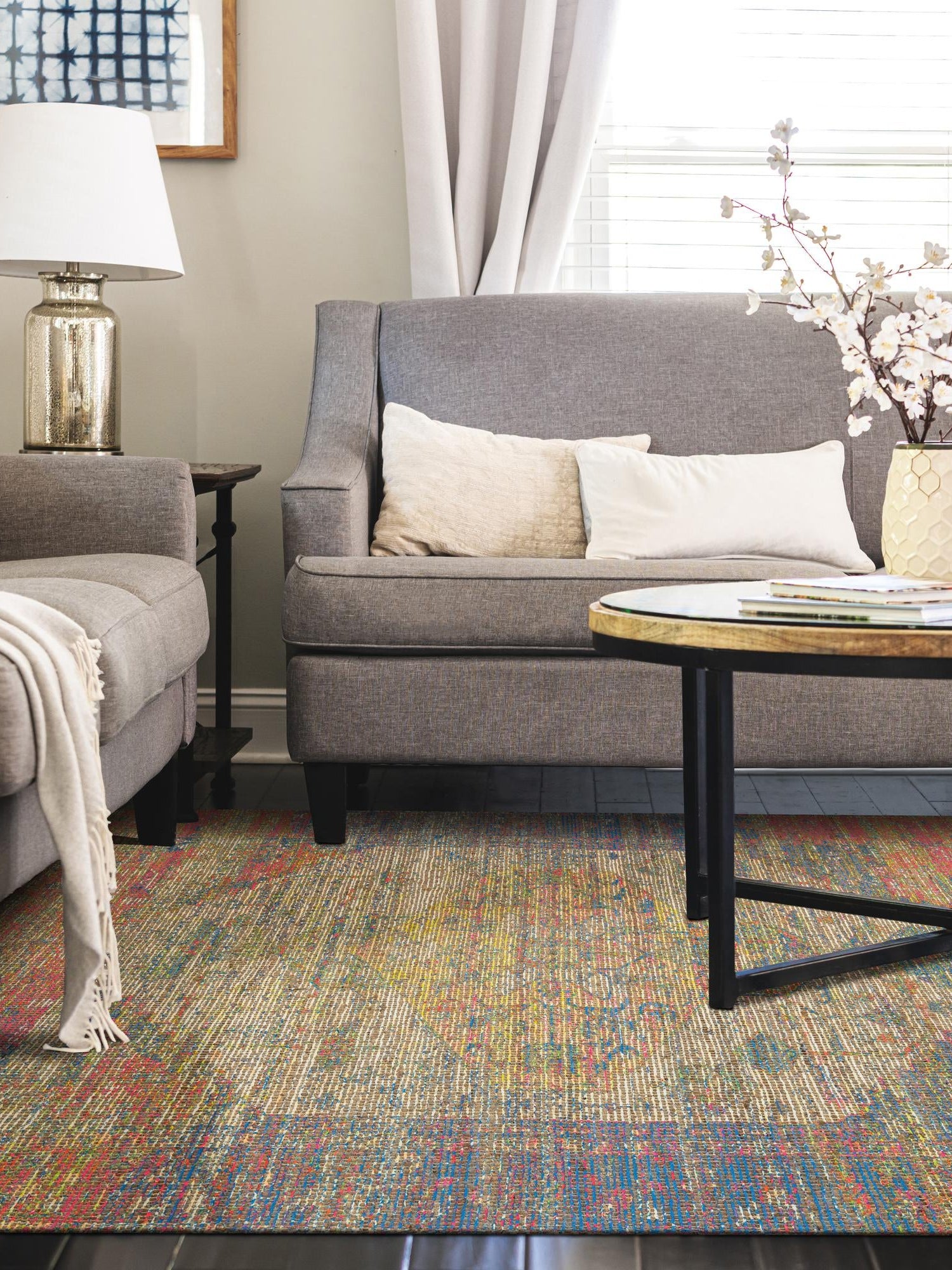 Multicolor 5' 3 x 8' Chenille Jute Rectangle Area Rug Vintage Distressed Boho All Natural Eco-Friendly Sustainable Carpet for Living Dining Office Dorm Rooms for Sale at Rug Engine
