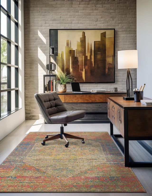 Multicolor 7' 10 x 10' Chenille Jute Rectangle Area Rug Vintage Distressed Boho All Natural Eco-Friendly Sustainable Carpet for Living Dining Office Dorm Rooms for Sale at Rug Engine