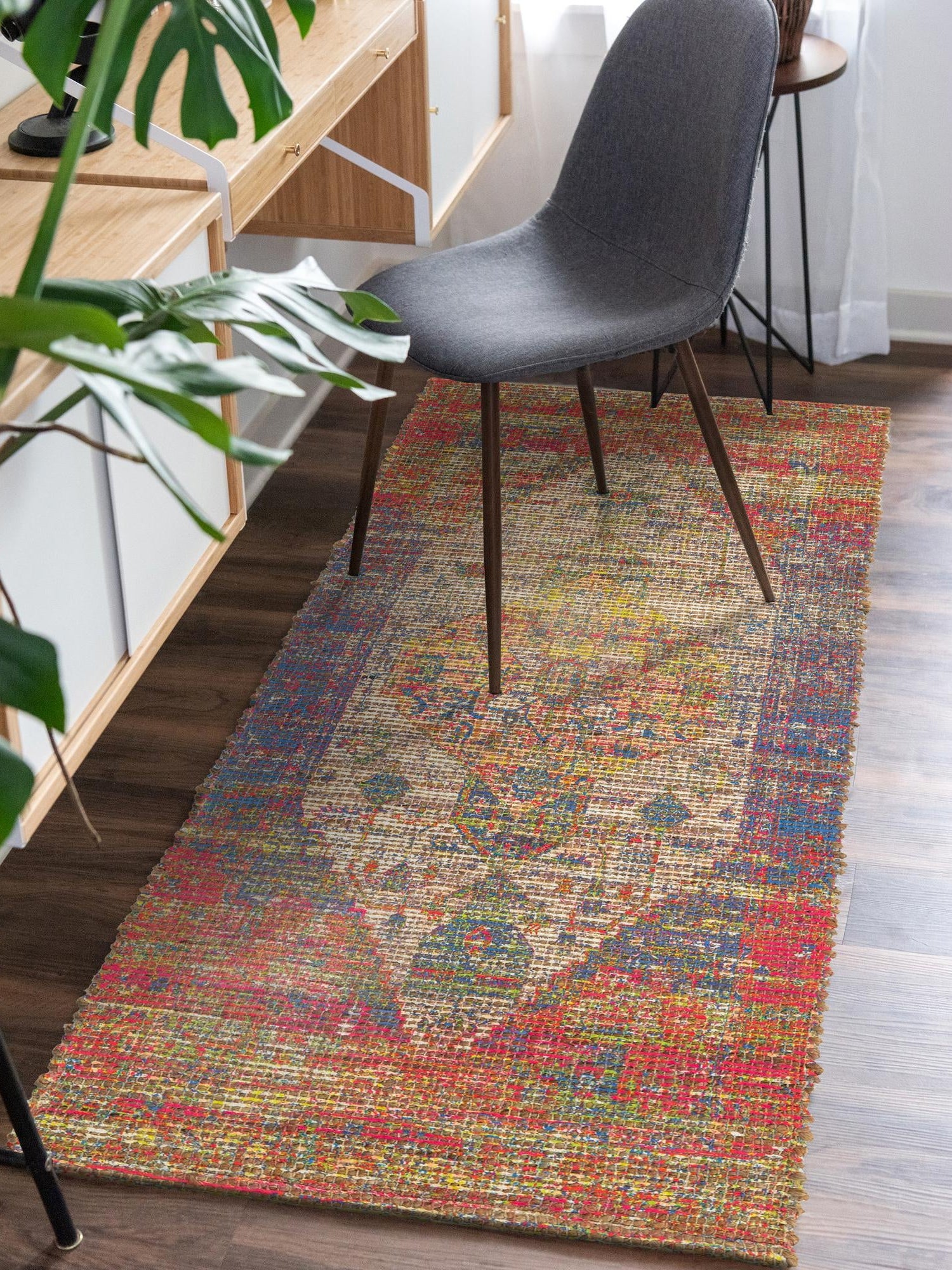 Multicolor 2' 2 x 6' 1 Chenille Jute Runner Area Rug Vintage Distressed Boho All Natural Eco-Friendly Sustainable Carpet for Living Dining Office Dorm Rooms for Sale at Rug Engine
